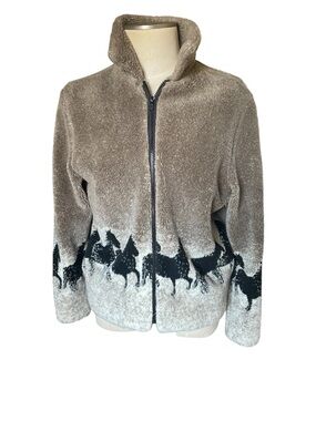 Cozy Taupe Zip-Up Jacket with Black Horse Border